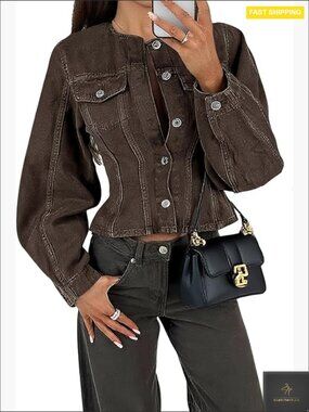 Cropped Denim Jacket Slim Fit Y2K Retro Casual Button Down Crewneck